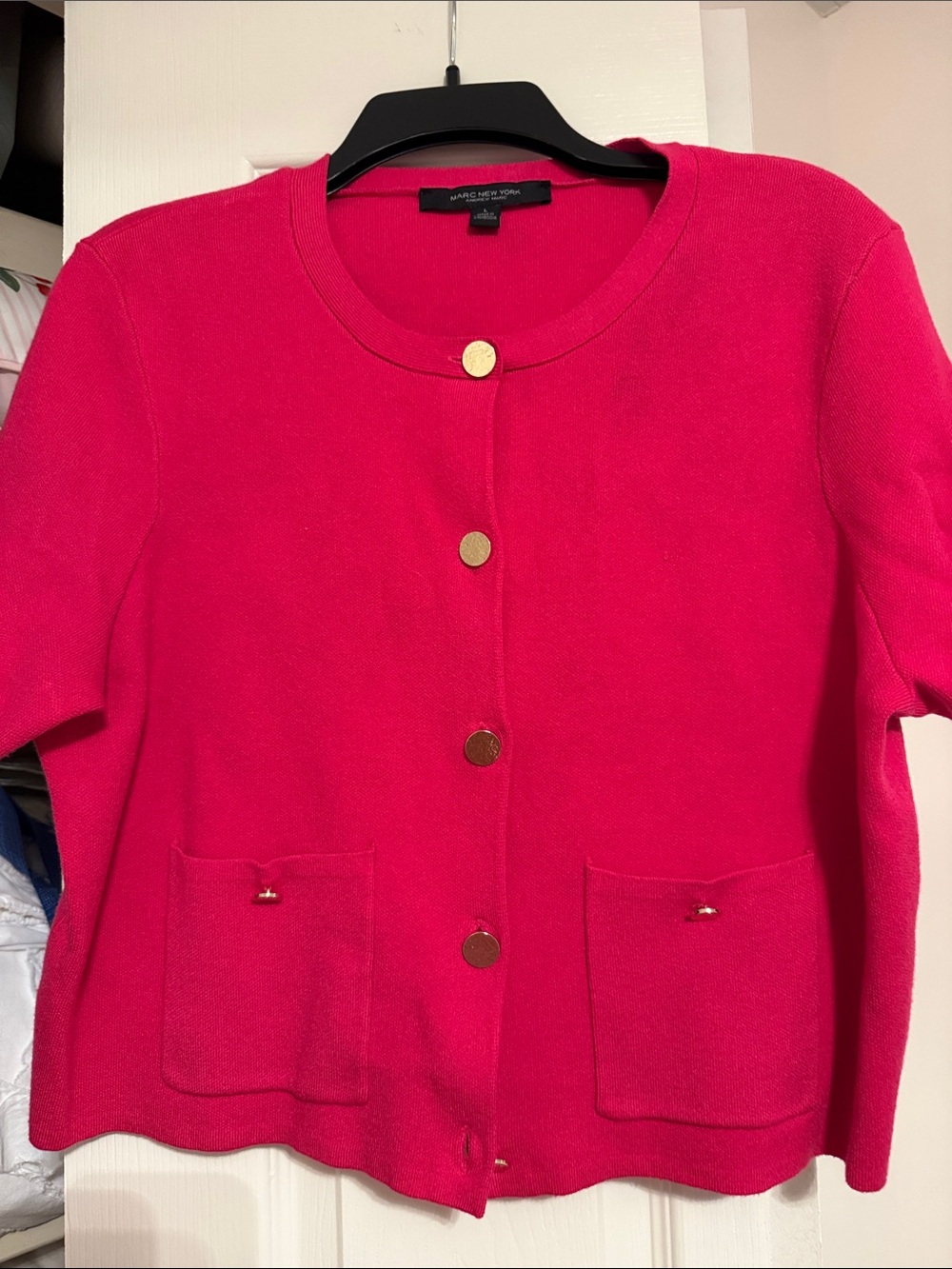 Marc New York Short-Sleeve Crewneck Cardigan - Hot Pink